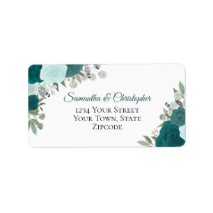 Étiquette Turquoise Aquarelle Roses Élégant Mariage Adresse