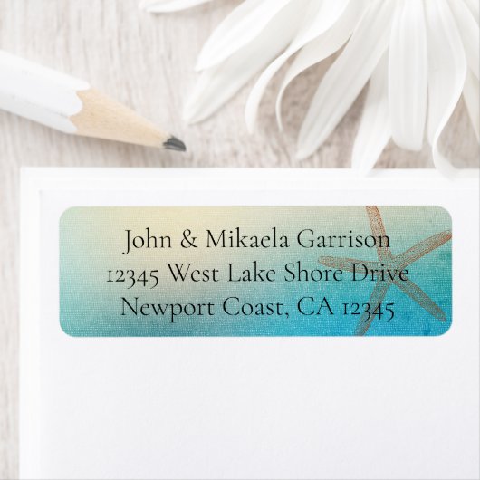 Étiquette Turquoise Blanc Aqua Bleu Étoile de Mer Mariage (En situation)