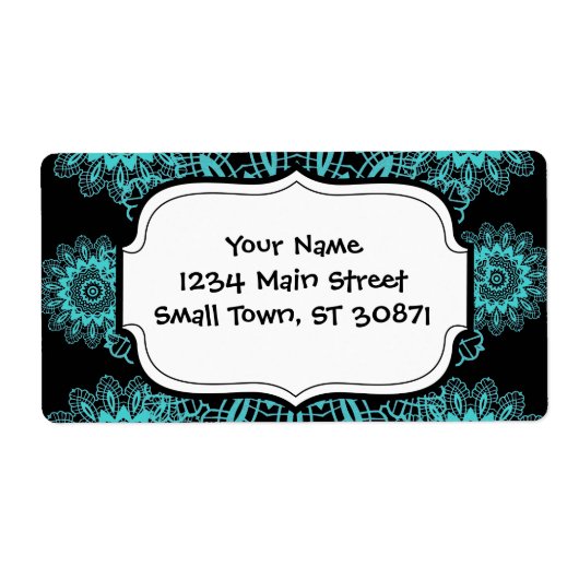 Étiquette Turquoise bleu et noir dentelle dentelle Mandala (Devant)