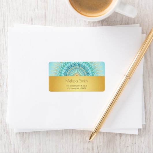 Étiquette Turquoise Gold Boho Mandala (En situation)