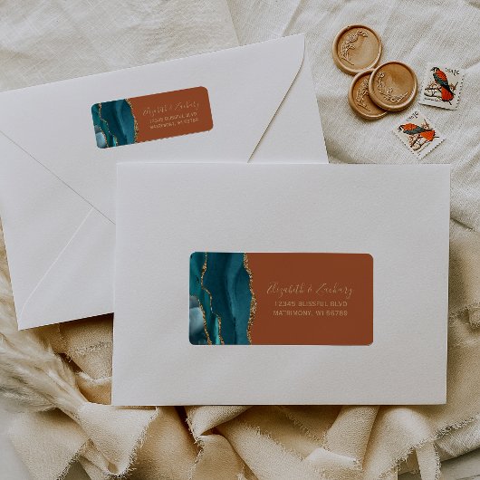 Étiquette Turquoise Gold Burange Orange Rust Mariage Adresse