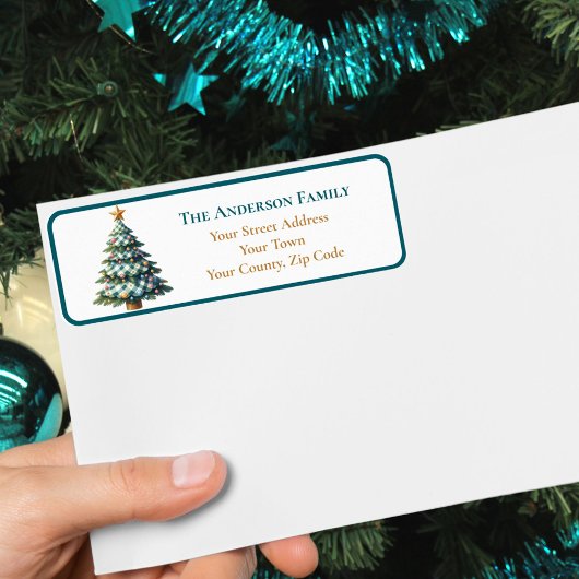 Étiquette Turquoise moderne En vichy Arbre de Noël Nom