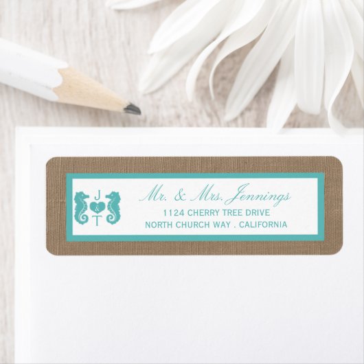 Étiquette Turquoise Seahorse Burlap Beach Wedding Collection (En situation)
