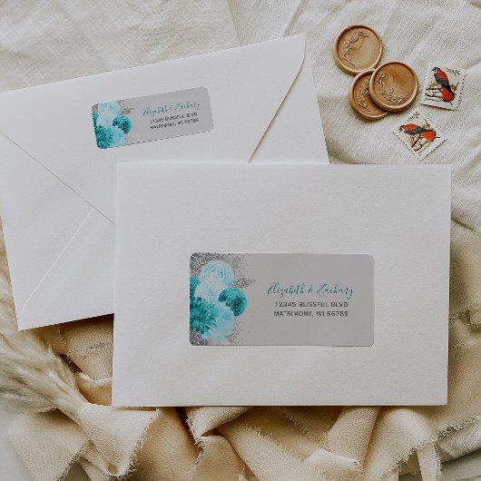 Étiquette Turquoise Silver Floral Mariage Adresse de retour