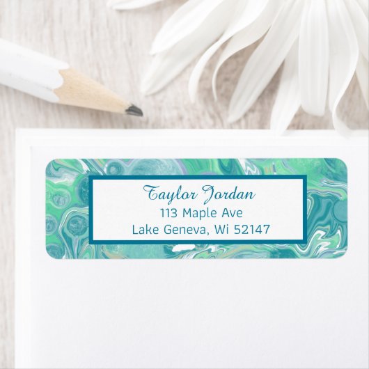 Étiquette Turquoise Vert Bleu Marbre Fluide Art Personnalisé (En situation)