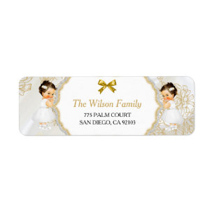 Étiquette Twin Baby Girls Baptism Christening Gold White