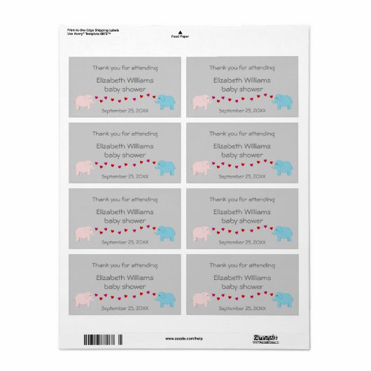 Étiquette Twins Boy and Girl Elephants Water Bottle Favorise (Feuille entière)