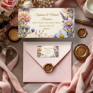 Étiquette Typographie Florale Élégante Vintage Rose Bleu et