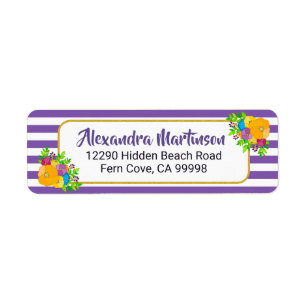 Étiquette Typographie rayée blanche pourpre florale coloré