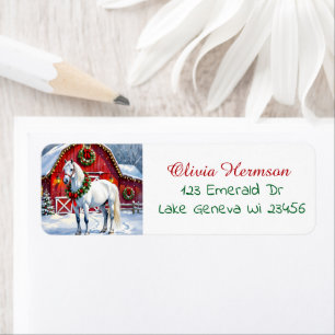Étiquette Un Cheval Blanc Festif et une Grange d'hiver Noël