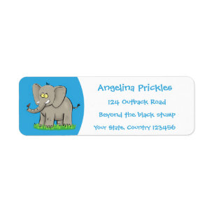 Étiquette Un joli éléphant drôle avec un oiseau sur le tronc