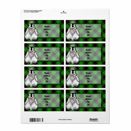 Étiquette Vacances festives mignonnes Pingouin vert noir pla (Feuille entière)