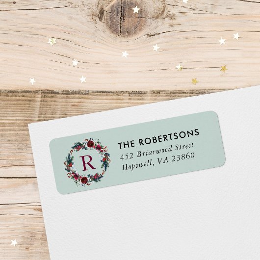 Étiquette Vacances Florale Noël Wreath Monogramme Adresse