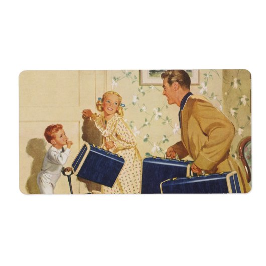 Étiquette Vacances vintage, papa, Enfants et Valises (Devant)