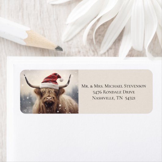 Étiquette Vache à Santa Hat Noël Retour Adresse (En situation)
