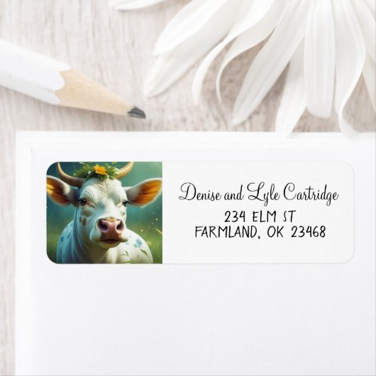 Étiquette Vache Ai blanche mignonne avec cornes et fleurs (En situation)