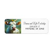 Étiquette Vache Ai blanche mignonne avec cornes et fleurs (Devant)