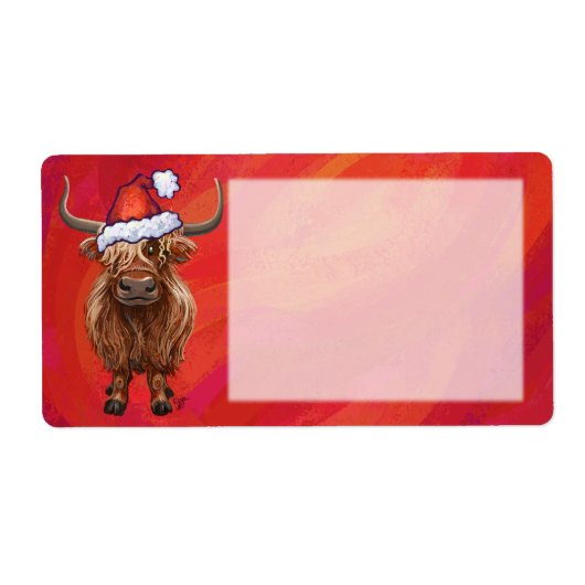Étiquette Vache Highland à Santa Hat sur Red (Devant)