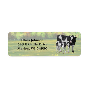 Étiquette Vache Holstein et veau mignon en pâturage d'été