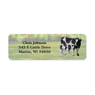 Étiquette Vache Holstein et veau mignon en pâturage d'été