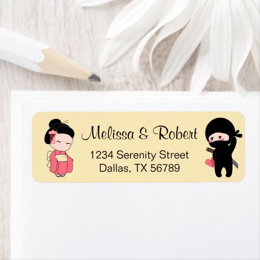 Étiquette Valentine Ninja et Geisha sur Yellow (En situation)