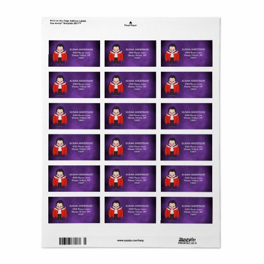 Étiquette Vampire de la soirée costumée de l'enfant d'Hallow (Feuille entière)