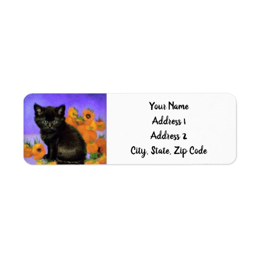 Étiquette Van Gogh Kitten noir avec des tournesols (Devant)