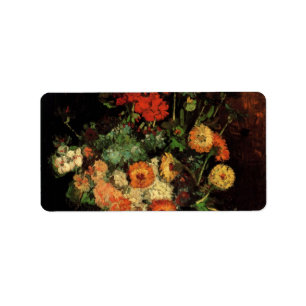 Étiquette Van Gogh Vase avec des Zinnias et des fleurs de gé