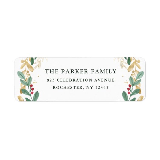 Étiquette Verdure dorée sur Noël blanc Adresse de retour (Devant)