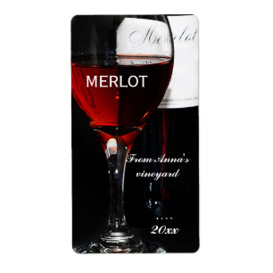 Étiquette Verre de vin rouge et bouteille merlot