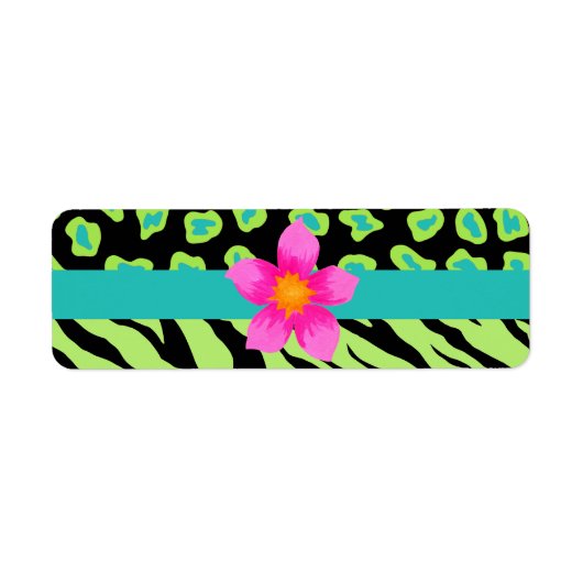 Étiquette Vert, noir et Turquoise Zèbre et Cheetah Rose Fleu (Devant)