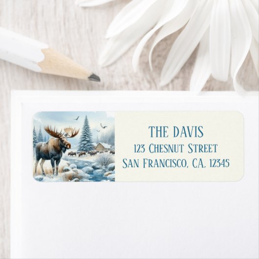 Étiquette Vibes d'hiver Aquarelle Moose Adresse de retour (En situation)