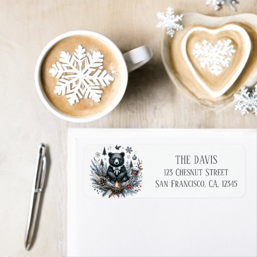 Étiquette Vibes d'hiver Aquarelle Ours noir Adresse de retou