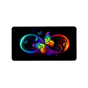 Étiquette Vibrant infinity with rainbow butterfly on black