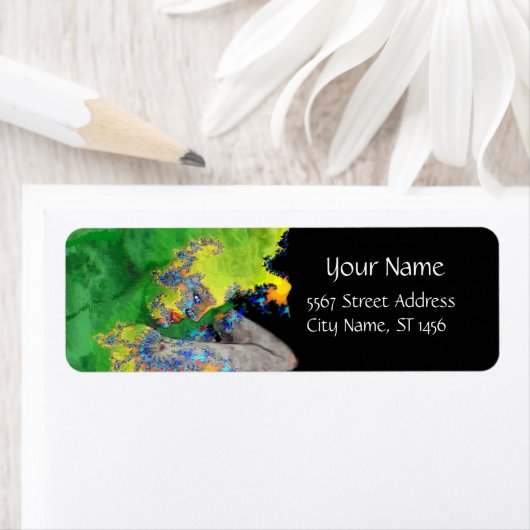 Étiquette VIBRATIONS DE MATIÈRE Vert Jaune Noir Fractée (En situation)