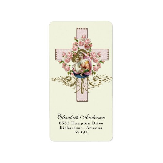 Étiquette Vierge religieuse Marie Jésus rose roses croix (Devant)