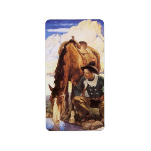 Étiquette Vintage Art, Cowboy Watering His Horse by NC Wyeth