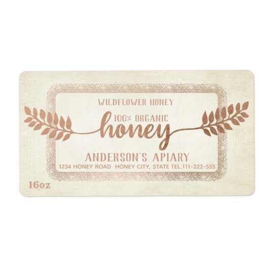 Étiquette Vintage calligraphie rustique branche miel (Devant)