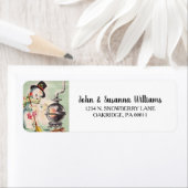 Étiquette Vintage Christmas Snowman par Wood Stove (En situation)