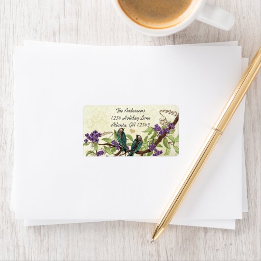 Étiquette Vintage Damas Turquoise Oiseau Purple Flower Branc (En situation)