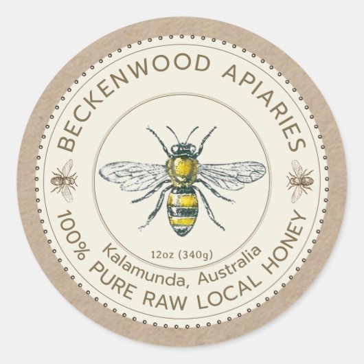 Étiquette vintage de miel d'abeille sur Kraft Apia (Devant)