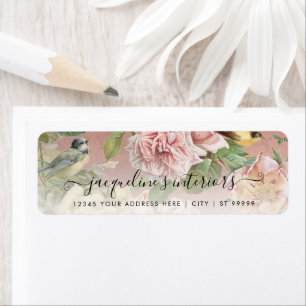 Étiquette Vintage Elegant Floral Pink Roses Botanical Birds