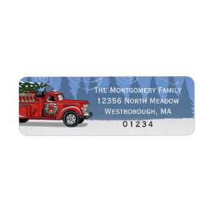 Étiquette Vintage Fire Truck Christmas Tree Blue Adresse