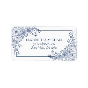 Étiquette Vintage Navy Blue Floral Line Art Adresse de retou