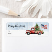 Étiquette Vintage Noël Camion rouge Patriotique Drapeau cade (En situation)