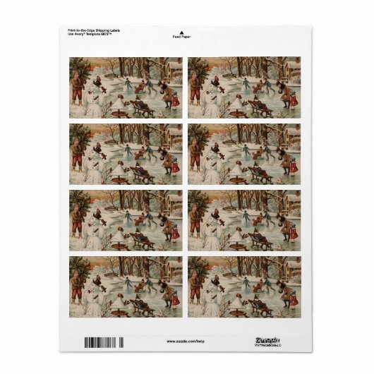 Étiquette Vintage Noël scène patinage sur glace (Feuille entière)