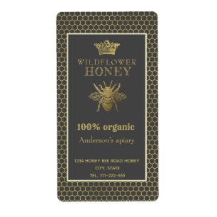 Étiquette Vintage rustic gold crown queen bee honey jar