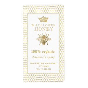 Étiquette Vintage rustic gold crown queen bee honey jar