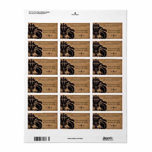 Étiquette Vintage Rustique Black Mariage damassé (Feuille entière)