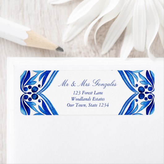 Étiquette Vintage Talavera Azulejo mariage en carreaux bleus (En situation)